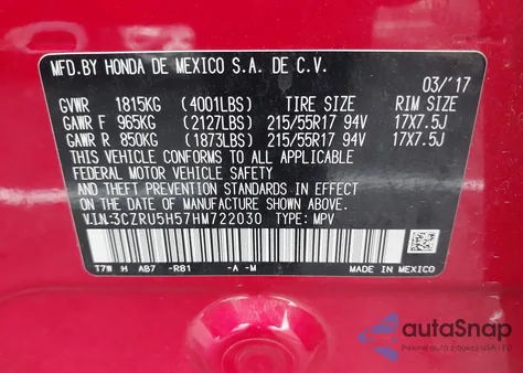 2017 Honda Hr-V Ex z USA, uszkodzony, nr VIN 3CZRU5H57HM722030